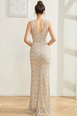 Sparkly Silver Mermaid V Neck Backless Maxi Dress