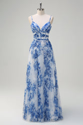 Pleated A Line White Blue Flower Spaghetti Straps Maxi Dress