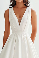 Satin A Line V Neck Midi Graduation Dress