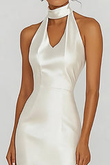 Satin Halter White Tea Length Graduation Dress
