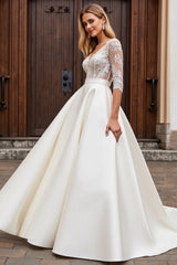 Ivory Lace Half Sleeve A Line Wedding Dress