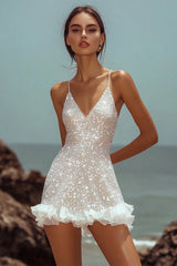 Chic White Ruffle Sequin Mini Dress