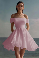 Off The Shoulder A Line Chiffon White Graduation Dress