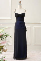 Black Blue Mermaid Spaghetti Straps Pleated Maxi Dress with Slit