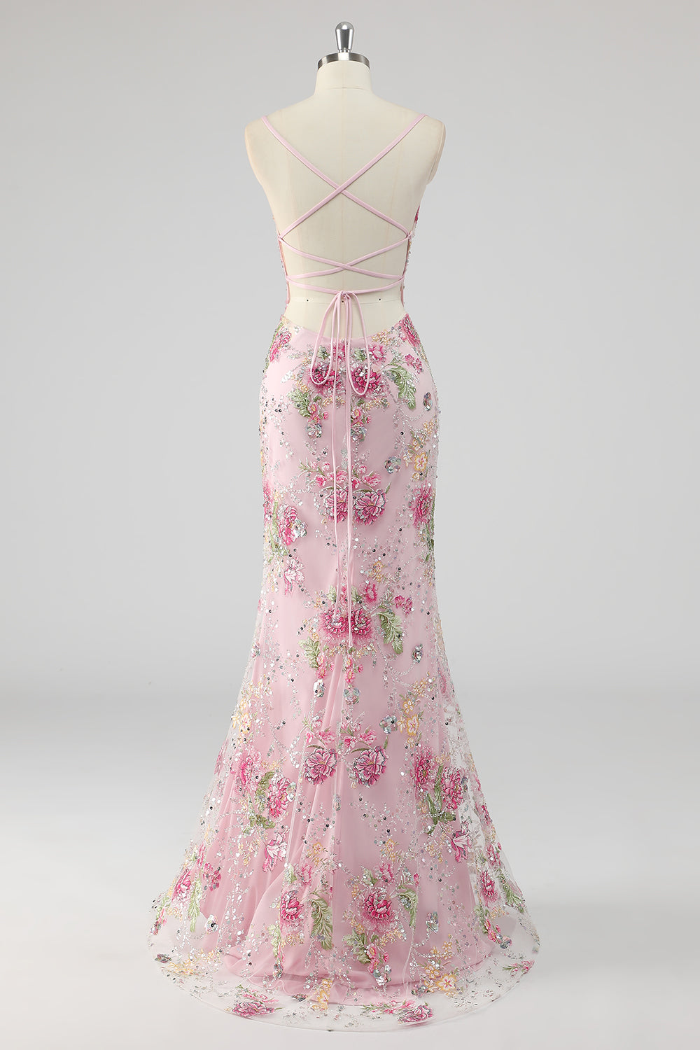 Sequins Mermaid Spaghetti Straps Pink Prom Dress with Appliques