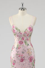 Sequins Mermaid Spaghetti Straps Pink Prom Dress with Appliques