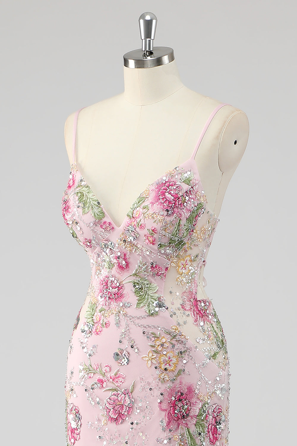 Sequins Mermaid Spaghetti Straps Pink Prom Dress with Appliques
