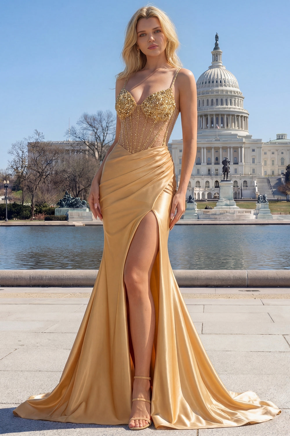 Satin Mermaid Gloden Sequined Corset Prom Dress with Slit