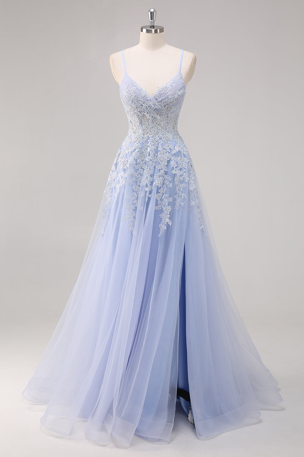 Lavender A Line Tulle Long Prom Dress with Slit