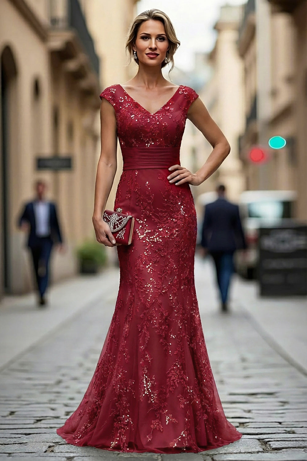 Mermaid Sequined Applique V Neck Green Mother of the Bride Dress