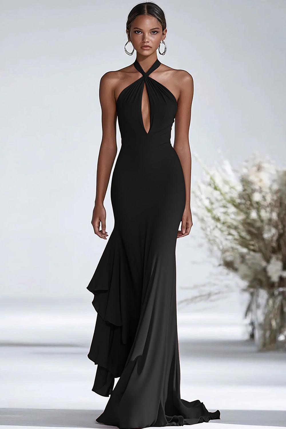 Halter Terracotta Chiffon Ruffles Sheath Red Gala Dress