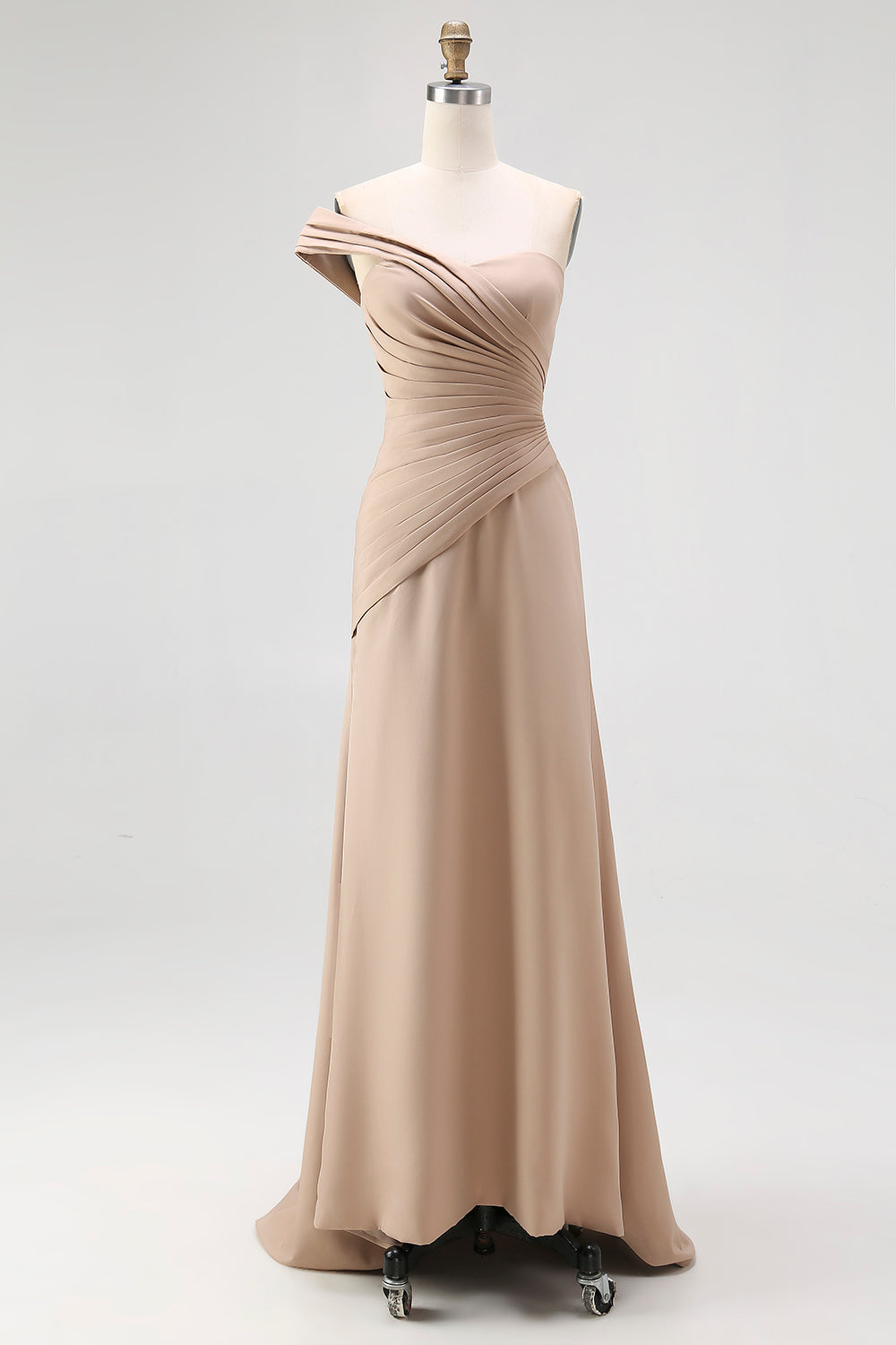 Light Khaki One Shoulder Sheath Pleated Satin Gala Dress
