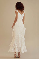 White V-neck A-Line Chiffon Ankle Length Little White Dress with Ruffles