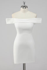 Simple Sheath Off the Shoulder Satin Short White Graduation Dress