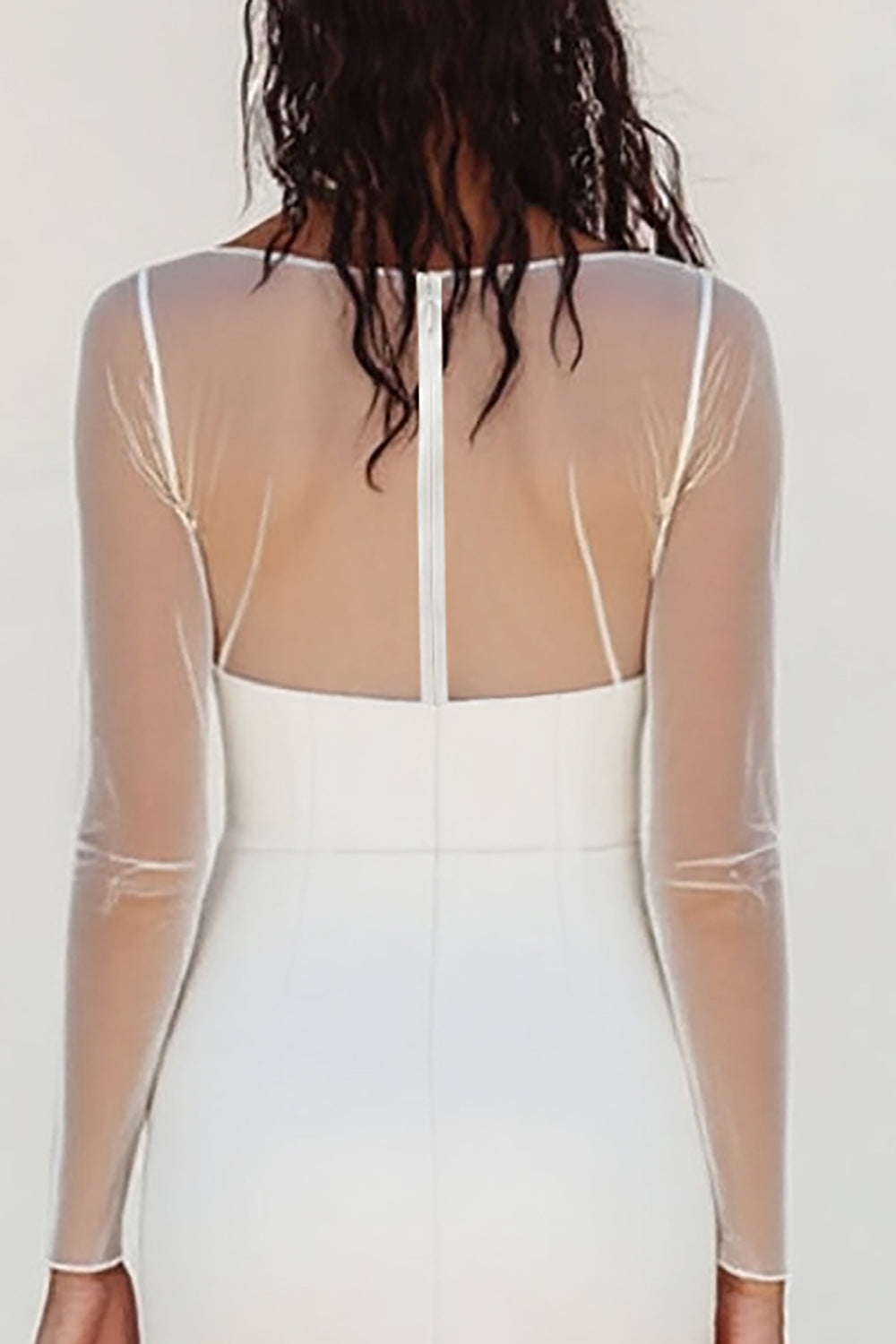 White Boat Neck Chiffon Long Sleeve Wedding Dress
