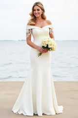 Ivory Off The Shoulder Mermaid Satin Lace Wedding Dress