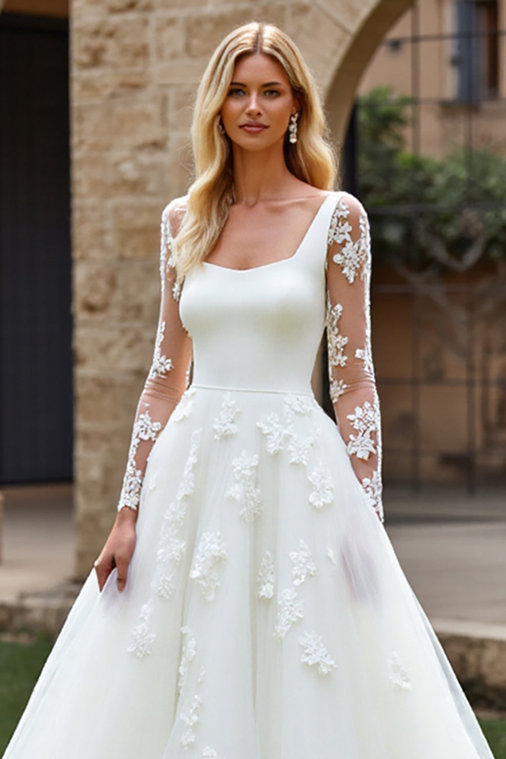 Lace Ivory A Line Tulle Long Sleeve Wedding Dress