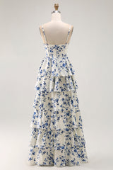 Blue Flower A Line Ruffle Prom Dress With Slit
