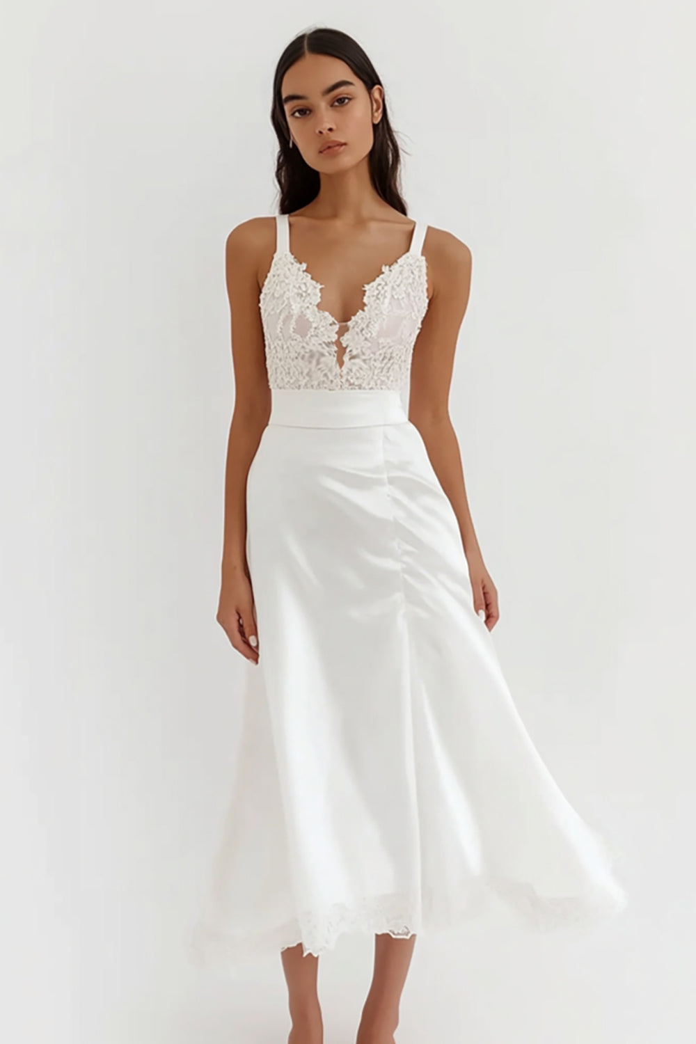 White Lace Satin A Line Midi Graduation Dress
