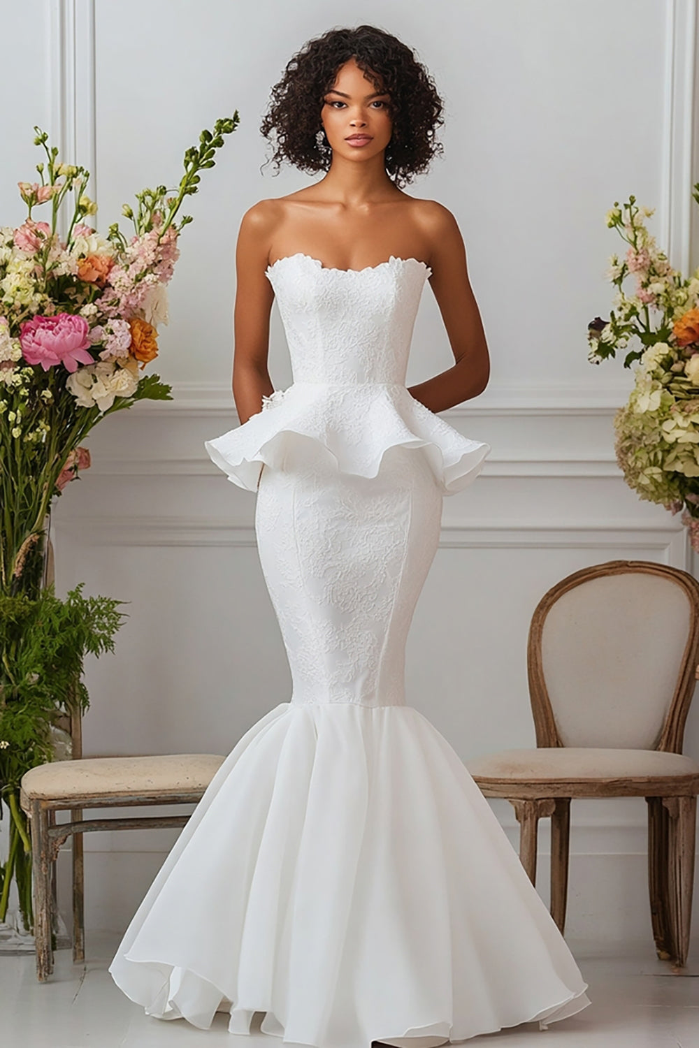Mermaid White Ruffled White Prom Dress With Lace