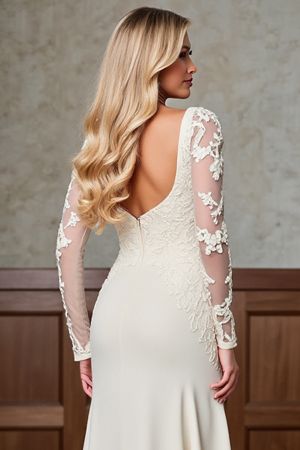 Champagne Sheath Long Sleeve Mother of the Bride Dress with Appliques