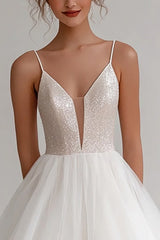 Ivory A Line Sequin Mini Dress With Tulle