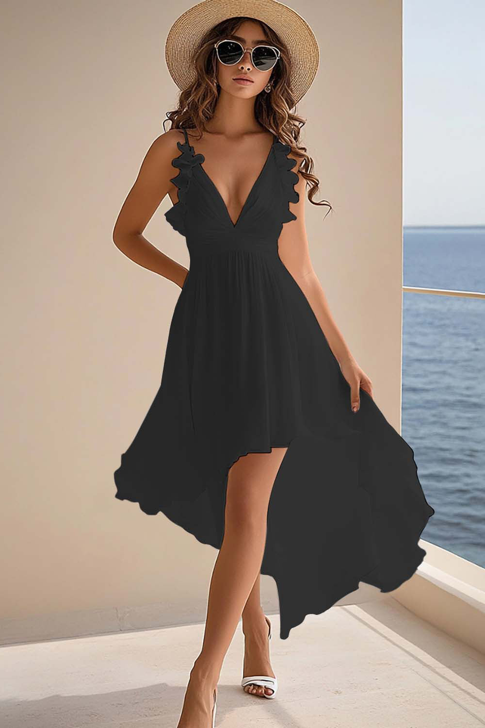Ruffled White V Neck Asymmetrical Holiday Party Dress