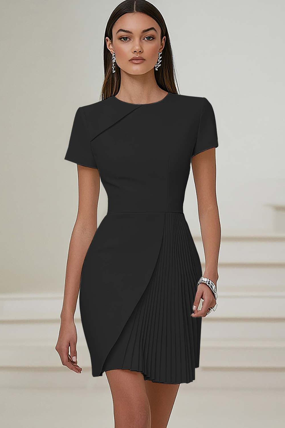 Bodycon Pleated Ivory Work Dress with Short Sleeves