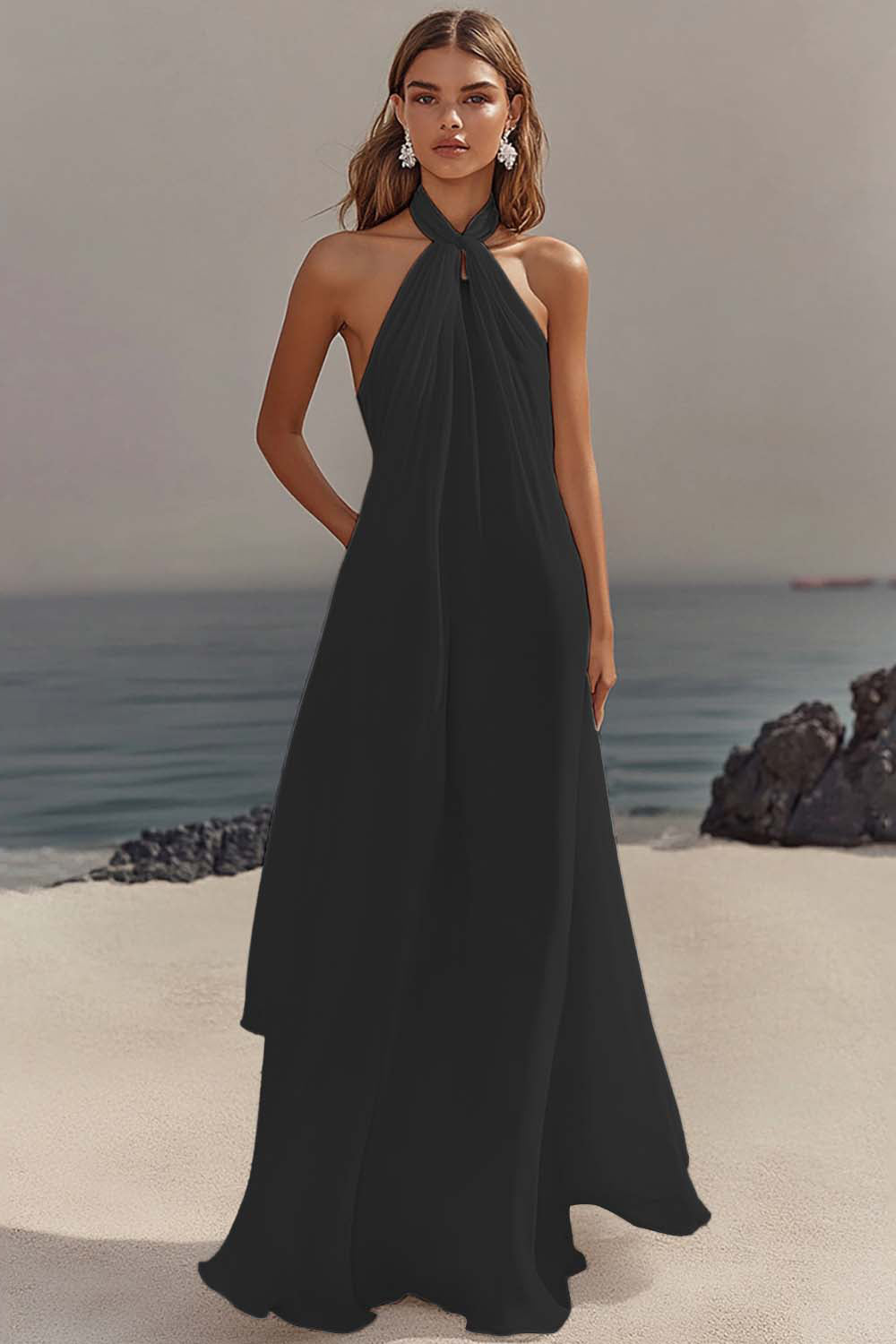 Simple White Halter A Line Chiffon Engagement Dress