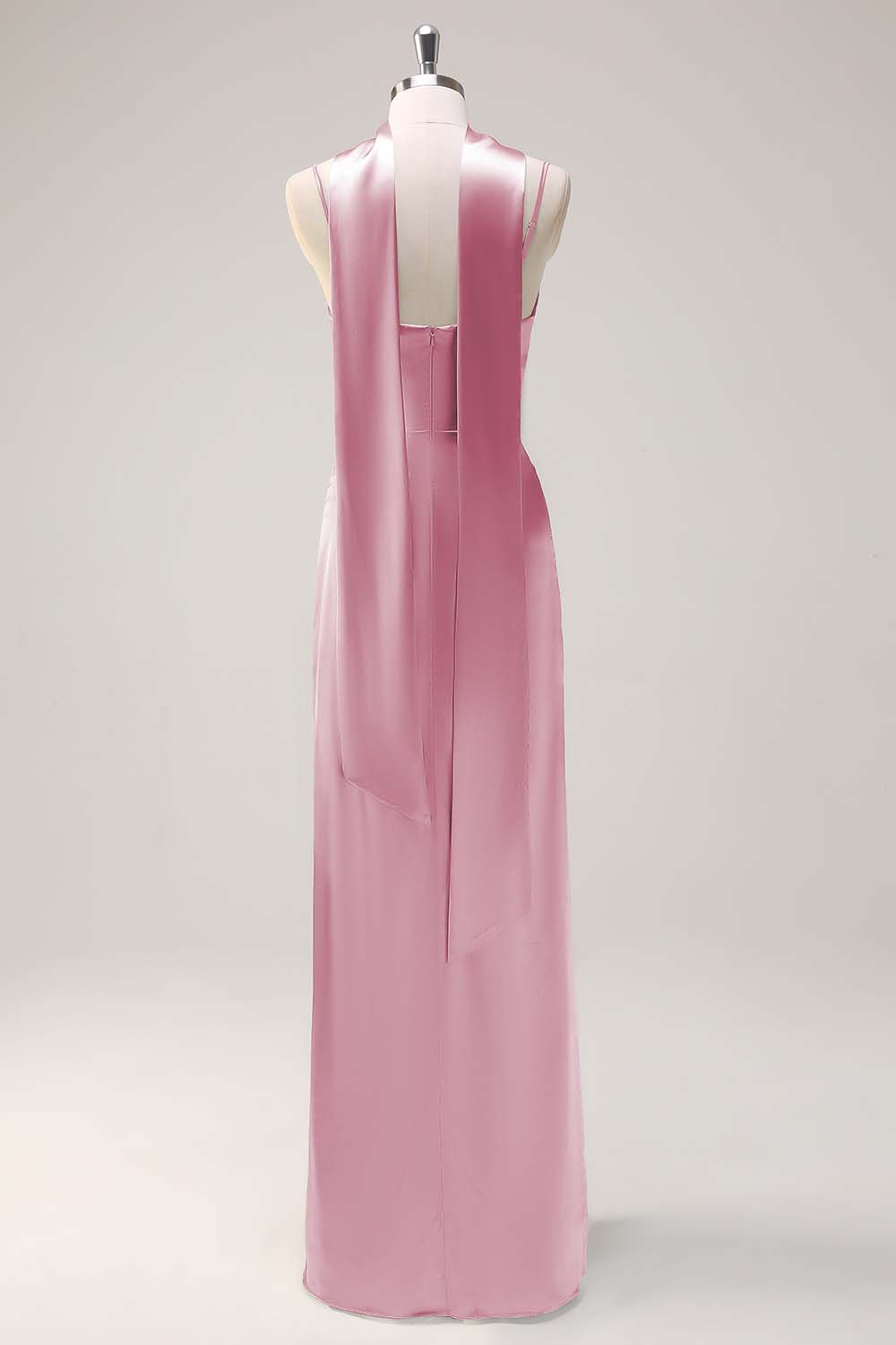 Sage Sheath Spaghetti Straps Slit Bridesmaid Dress with Ribbon