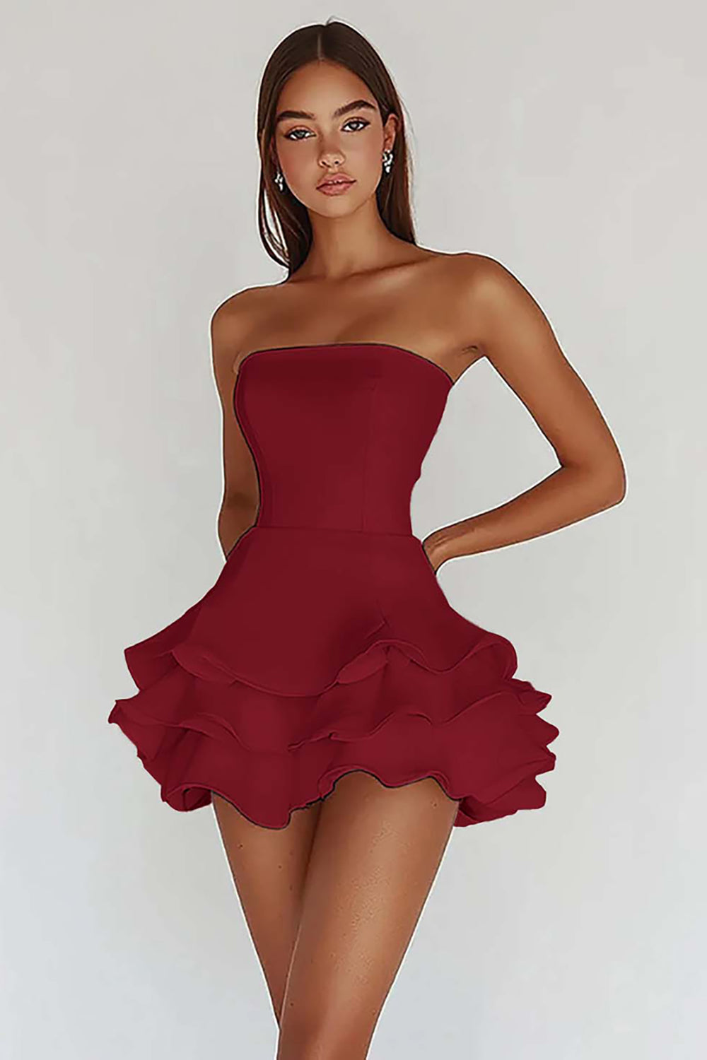 White Strapless A Line Tiered Satin Graduation Dress