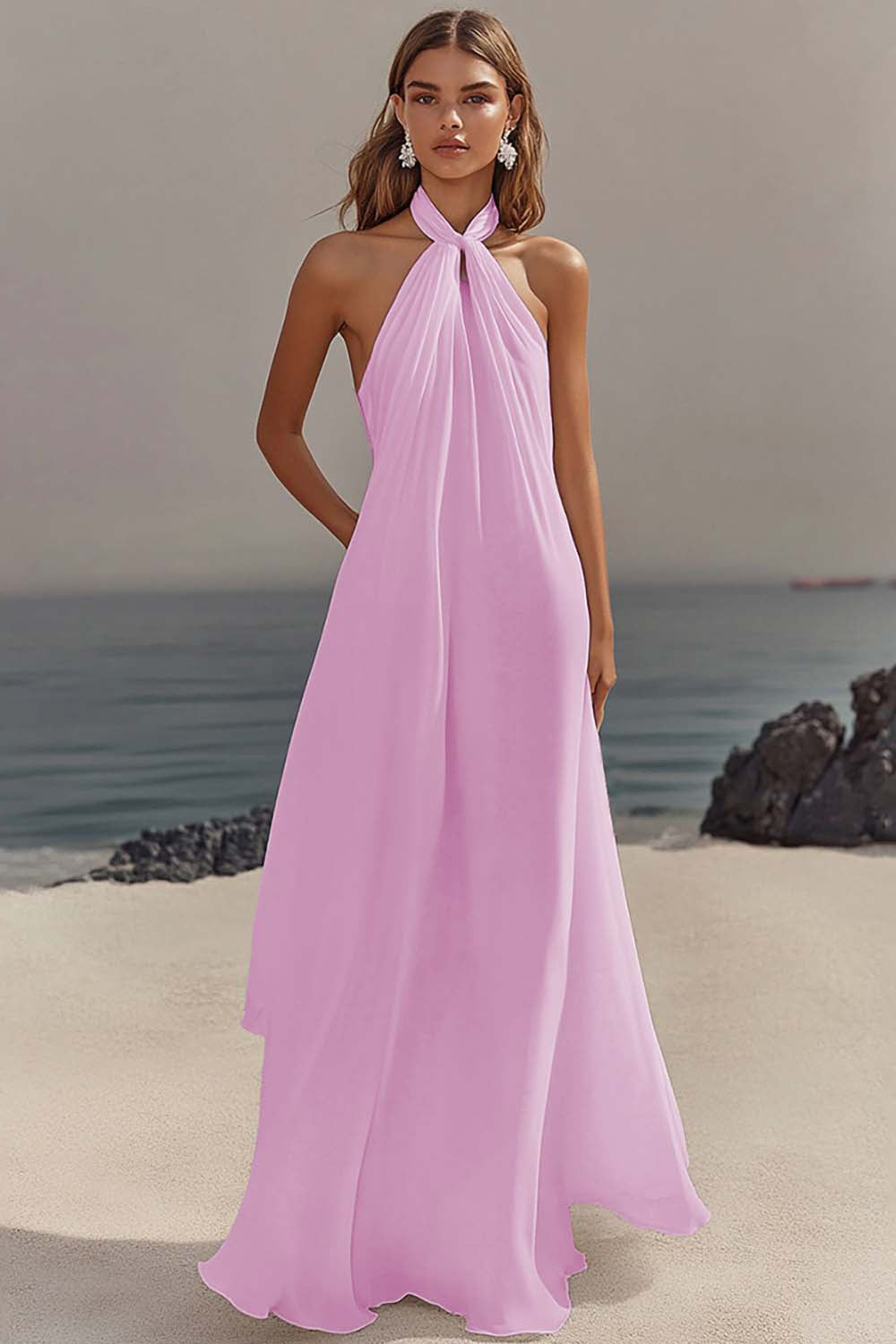 Simple White Halter A Line Chiffon Engagement Dress