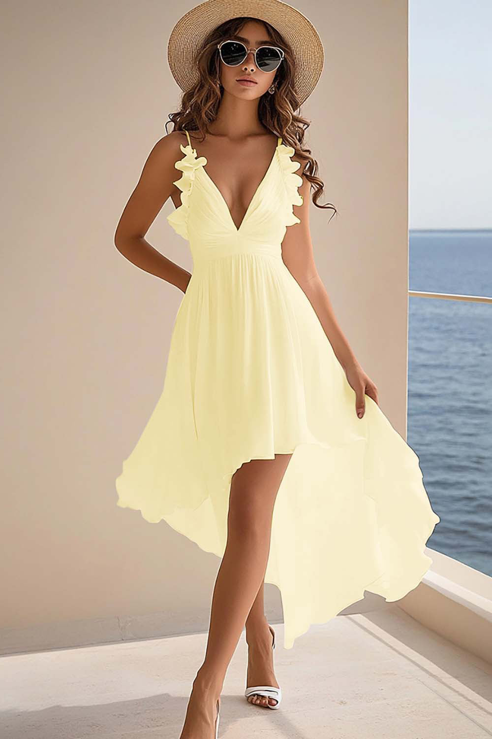 Ruffled White V Neck Asymmetrical Holiday Party Dress