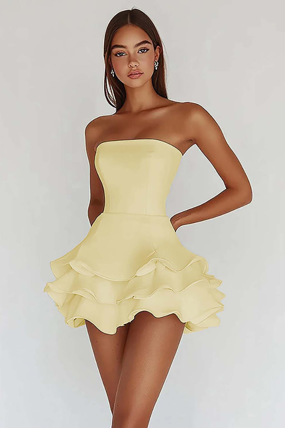White Strapless A Line Tiered Satin Graduation Dress