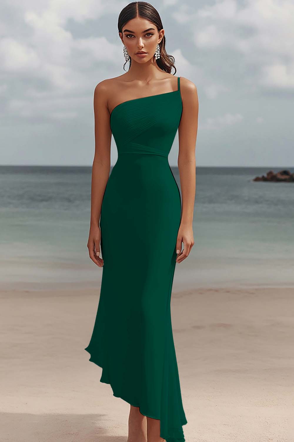 One Shoulder White Asymmetrical Engagement Dress