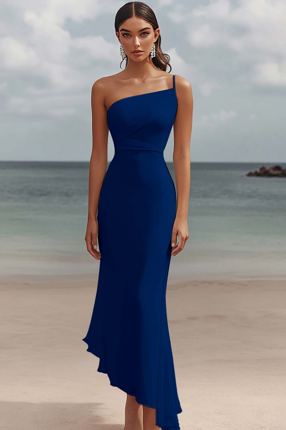 One Shoulder White Asymmetrical Engagement Dress