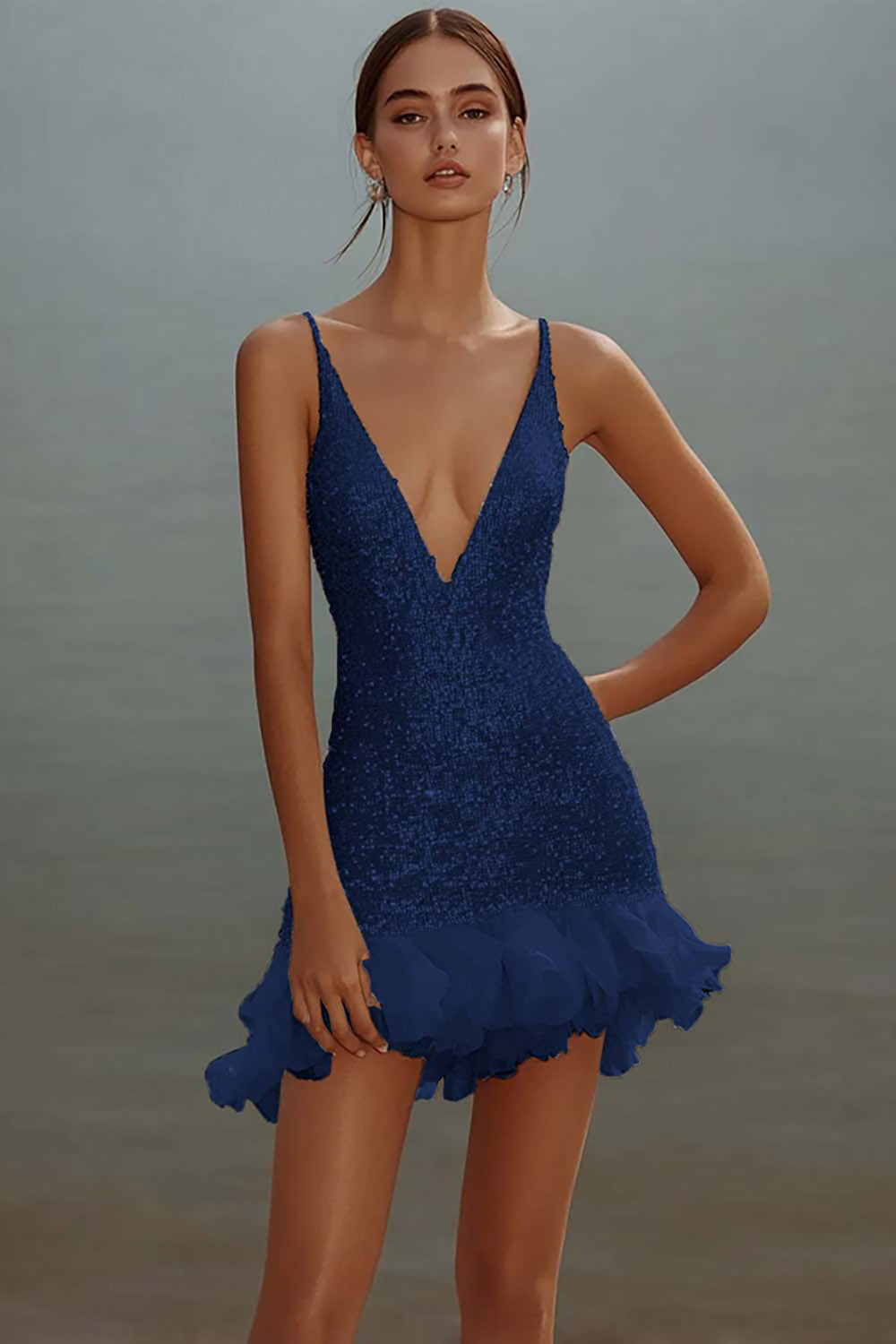Sparkly White V-Neck Mini Dress With Ruffles