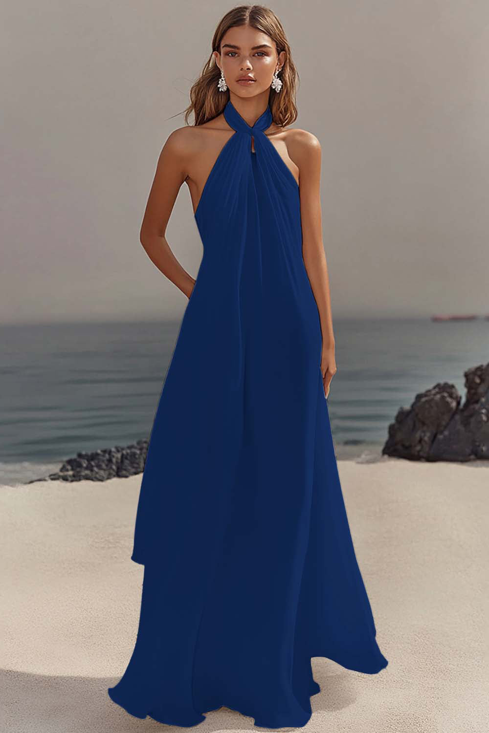 Simple White Halter A Line Chiffon Engagement Dress