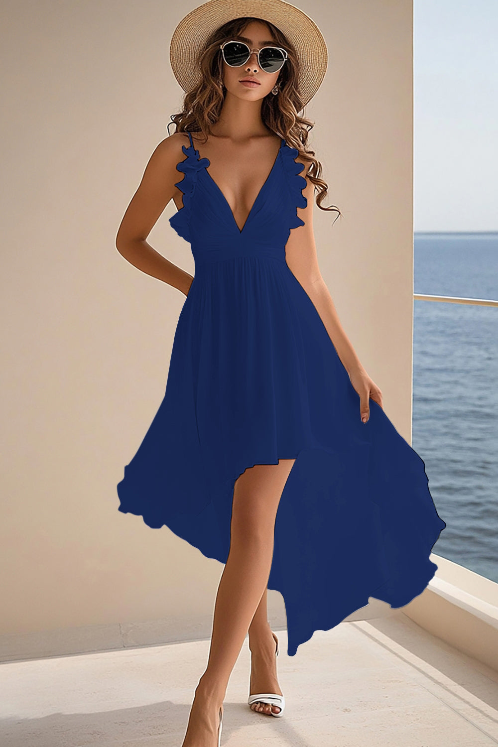 Ruffled White V Neck Asymmetrical Holiday Party Dress