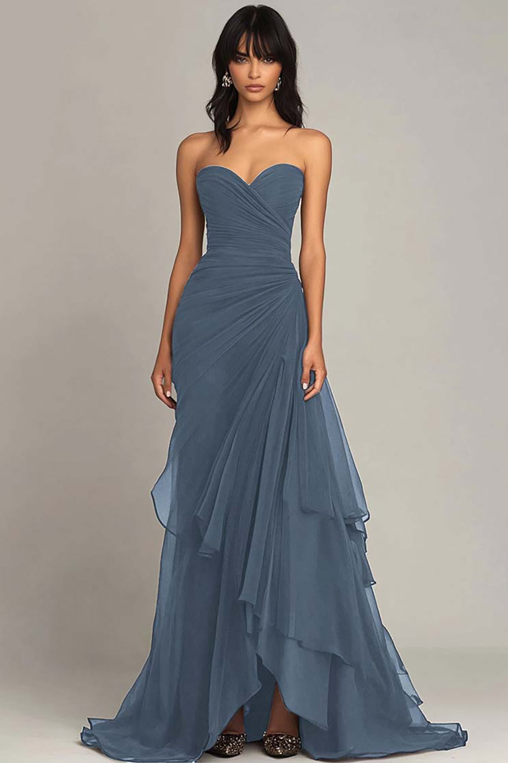 Dark Brown Sweetheart Ruched Ruffled Formal Dress