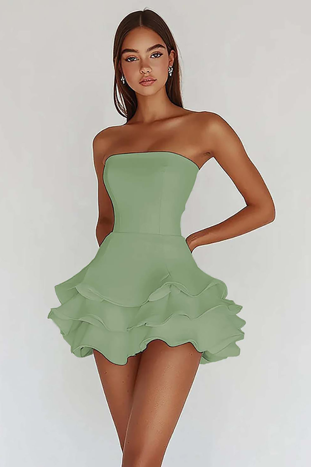 White Strapless A Line Tiered Satin Graduation Dress