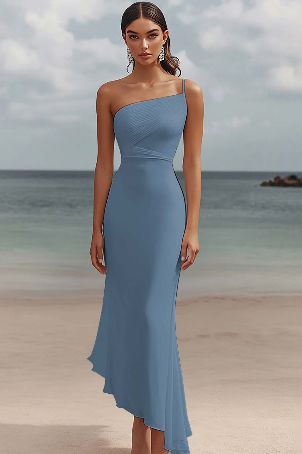 One Shoulder White Asymmetrical Engagement Dress