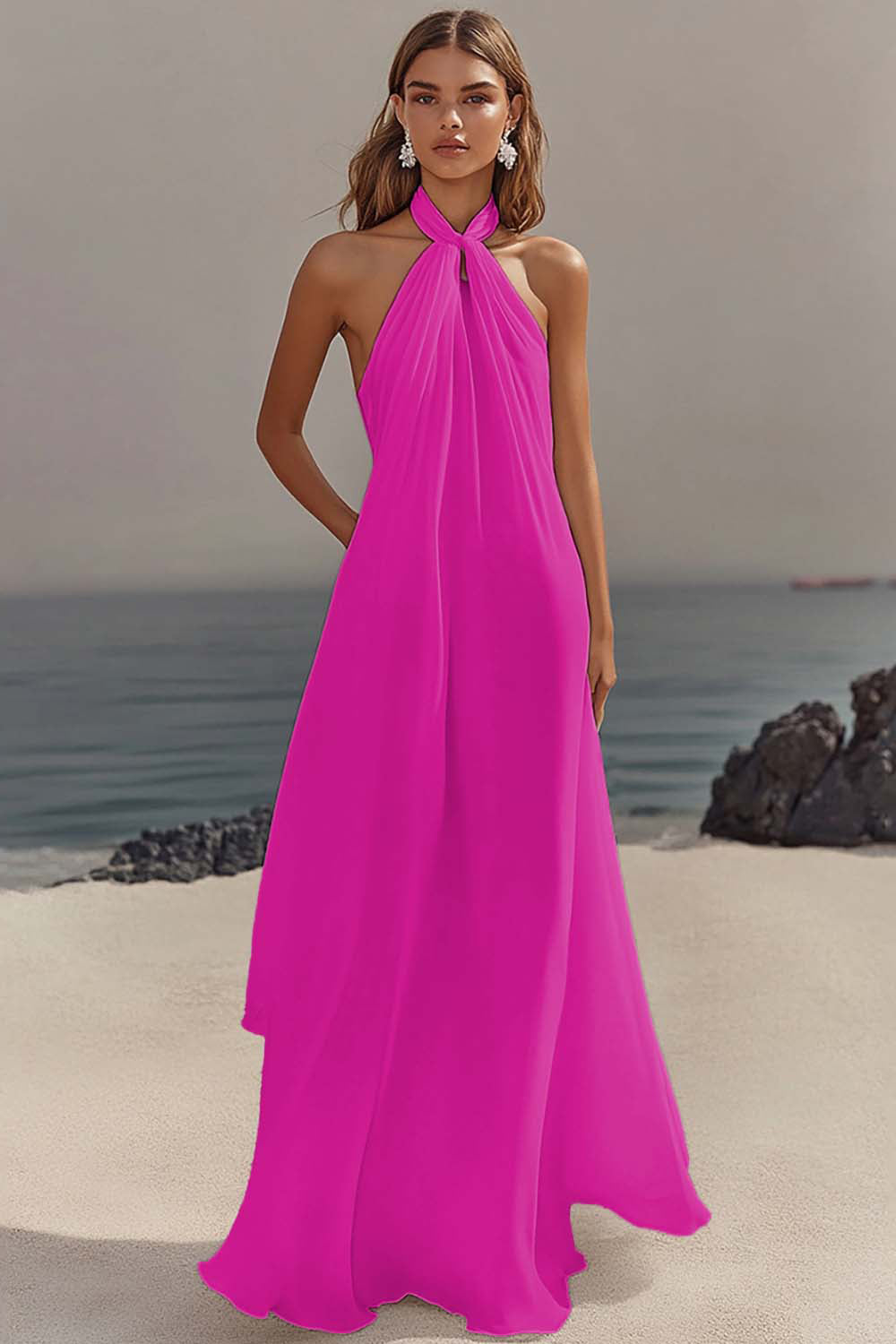 Simple White Halter A Line Chiffon Engagement Dress