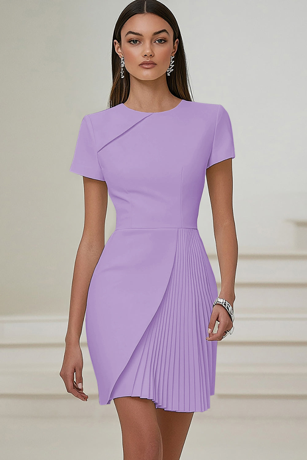 Bodycon Pleated Ivory Work Dress with Short Sleeves