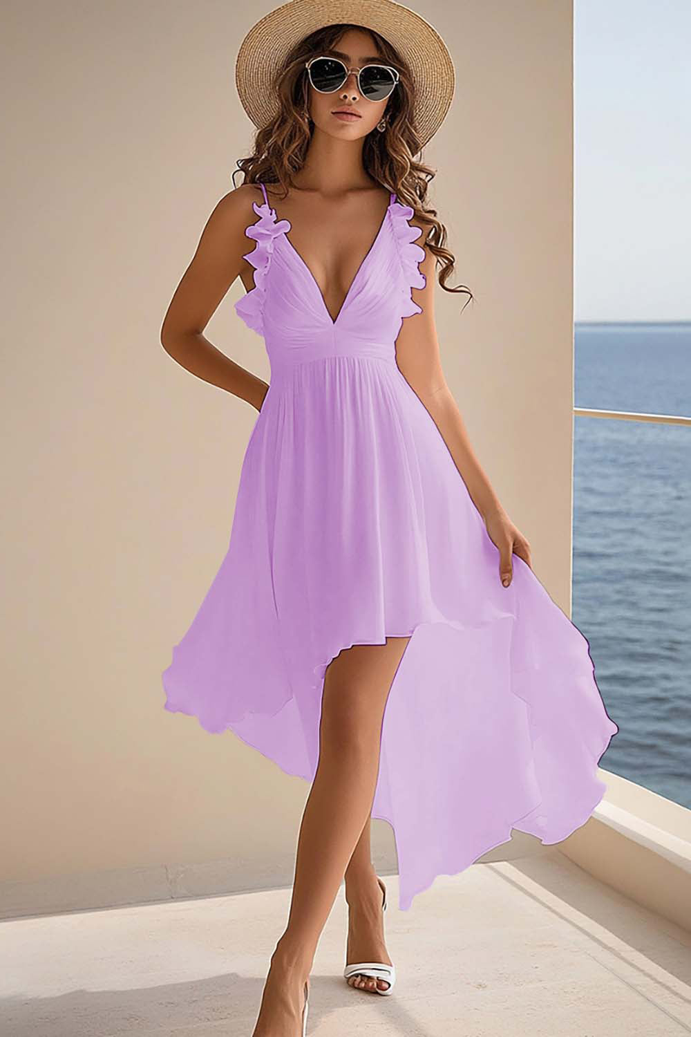 Ruffled White V Neck Asymmetrical Holiday Party Dress