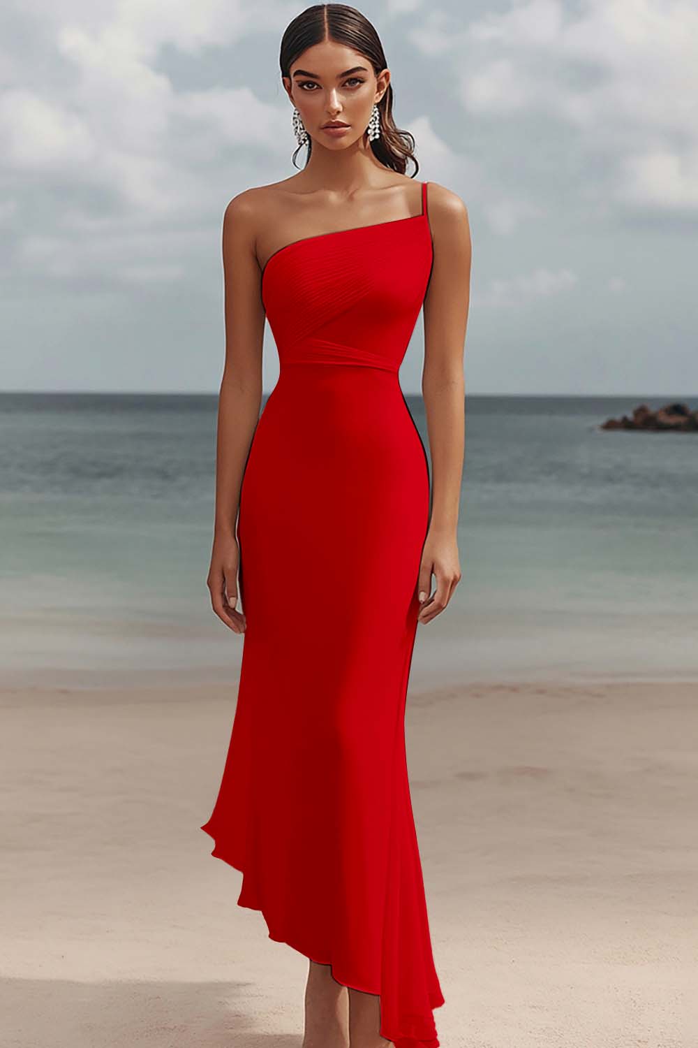 One Shoulder White Asymmetrical Engagement Dress