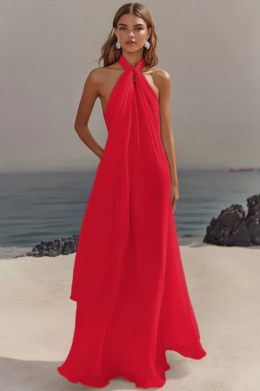 Simple White Halter A Line Chiffon Engagement Dress